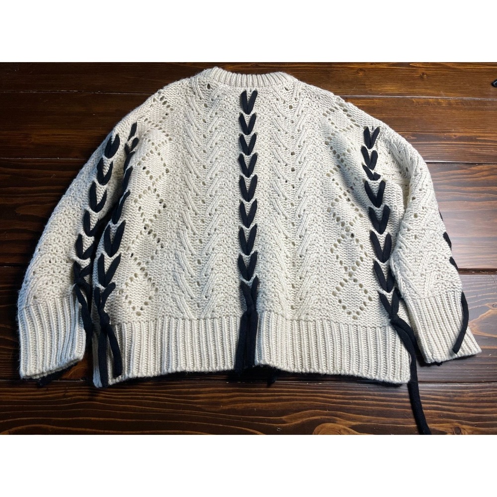 Retrod Sweater Women's Size Small Petite Cream Black Cable Knitted Ribbed Edges - Picture 2 of 8